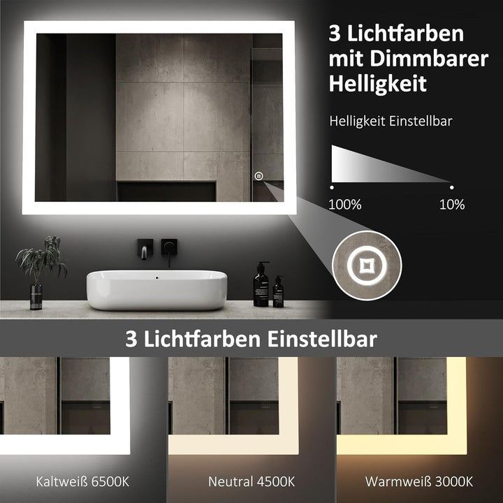 Boromal Badspiegel mit Beleuchtung 40x60cm Badezimmerspiegel Vertikal/Horizontal Wandspiegel 3 Licht