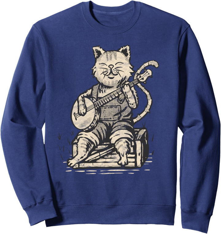 Cute Banjo Cat and Overalls Funny Bluegrass Music Sweatshirt