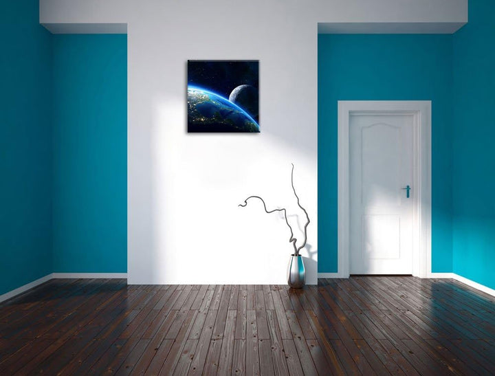 Pixxprint Erde und Ihr Mond aus dem All als Leinwandbild/Grösse: 70x70 cm/Wandbild/Kunstdruck/fertig