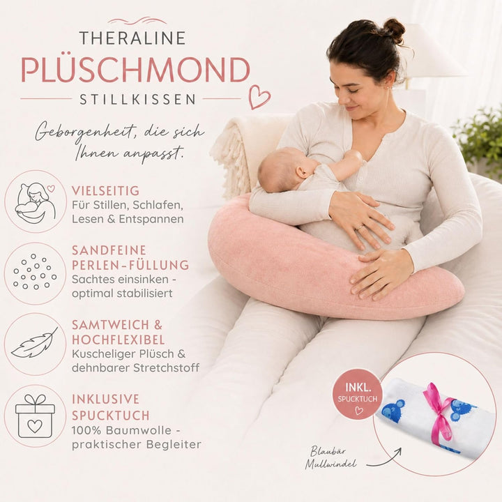 Set Theraline Plüschmond Stillkissen, Bauchstützkissen &amp; Spucktuch Blaubär | Schmusekissen und Lesek