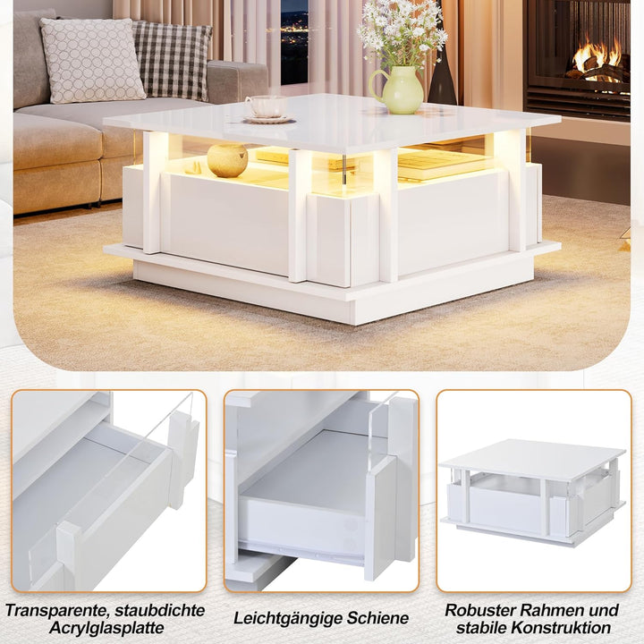 okwish Couchtisch Hochglanz,Sofatisch mit Zwei Schubladen und LED-Beleuchtung,Wohnzimmertisch,Quadra