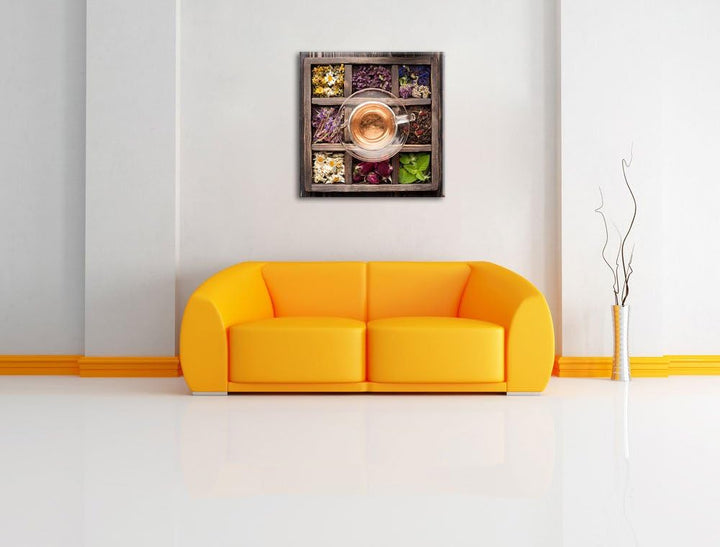 Pixxprint getrocknete Blumen in rustikalem Setzkästchen, Format: 70x70 auf Leinwand, 70x70