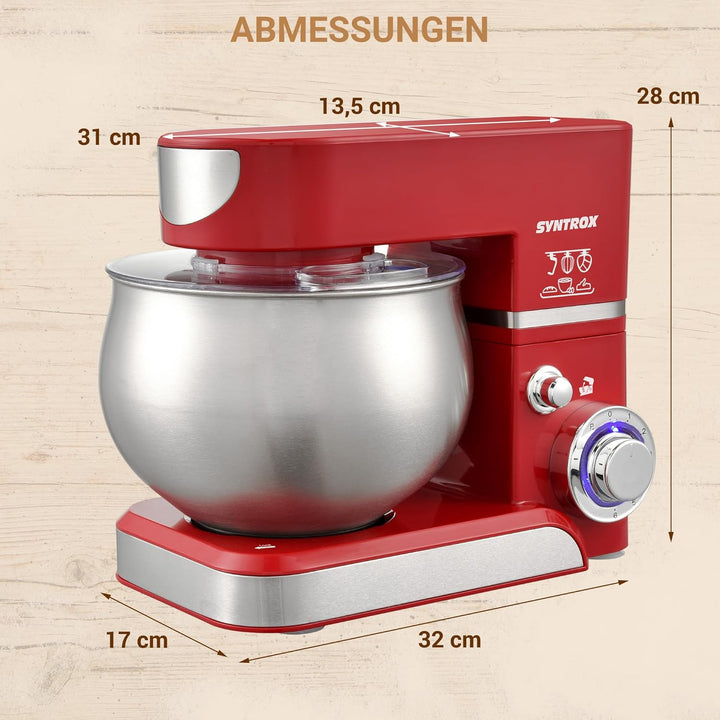 Syntrox Küchenmaschine & Knetmaschine Rot Basic 5 Liter, Stabile rutschfeste Gummifüsse, Hochwertige
