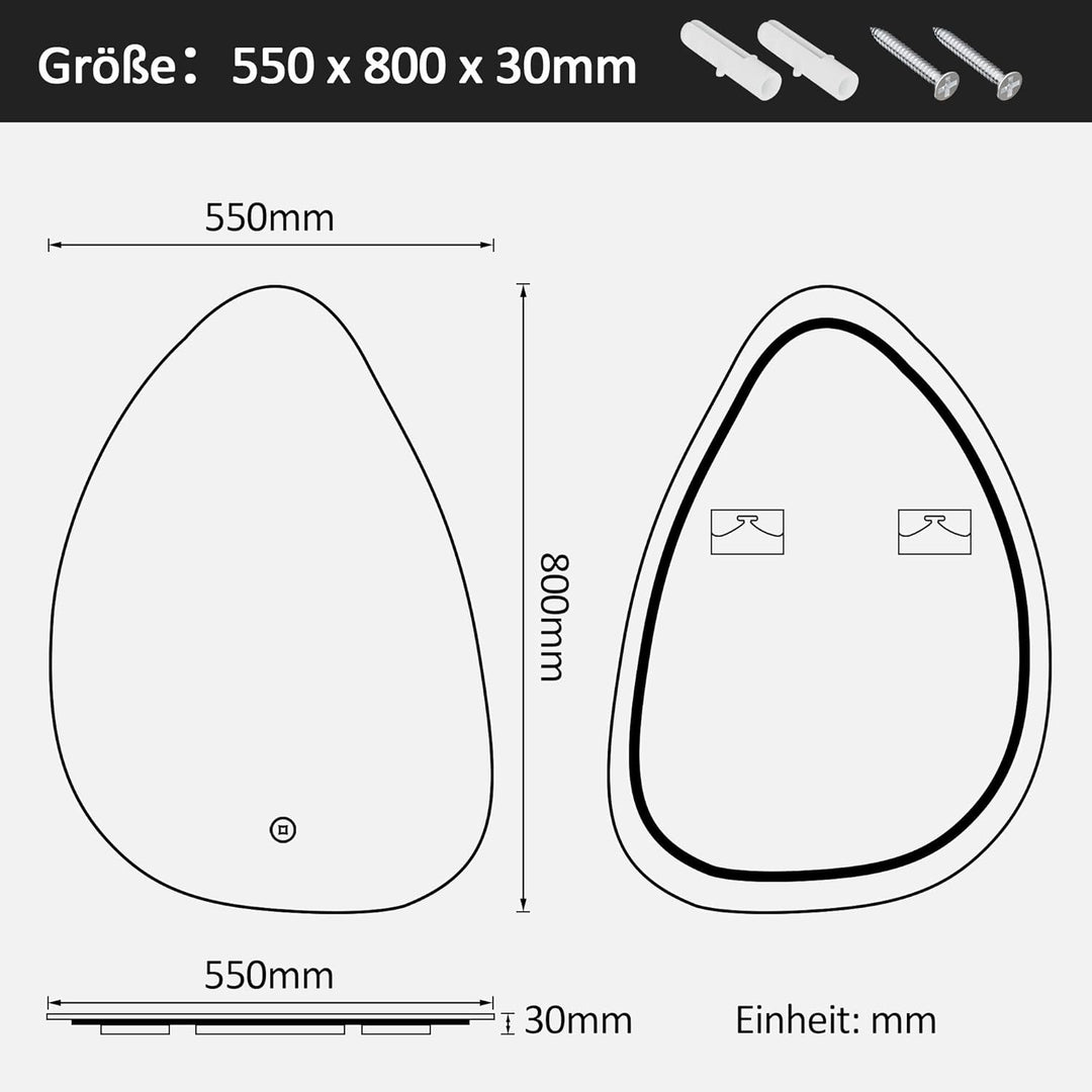 Boromal Asymmetrischer Spiegel mit Beleuchtung LED Badspiegel mit Beleuchtung 55x80cm LED Spiegel mi