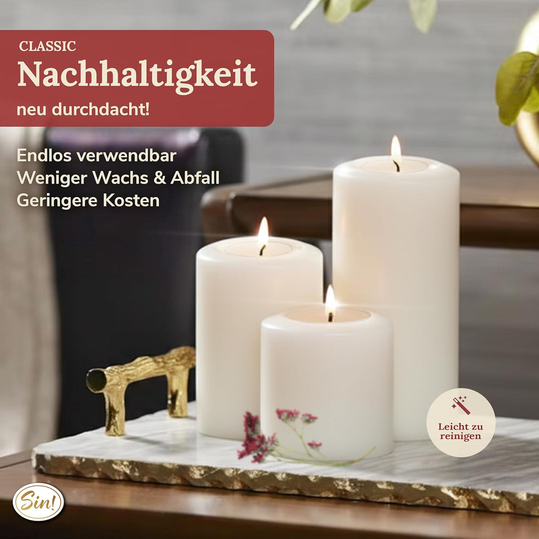 Sin!® 1x Teelichthalter & Dauerkerze Classic ∅8cm Höhe 9cm warmweiss - Die Kerze die Nicht schmilzt!