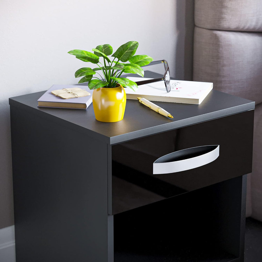 Vida Designs Hochglanz Nachttische, Nachttisch Beistelltisch (Schwarz, 1 Schublade) 1 Drawer Schwarz