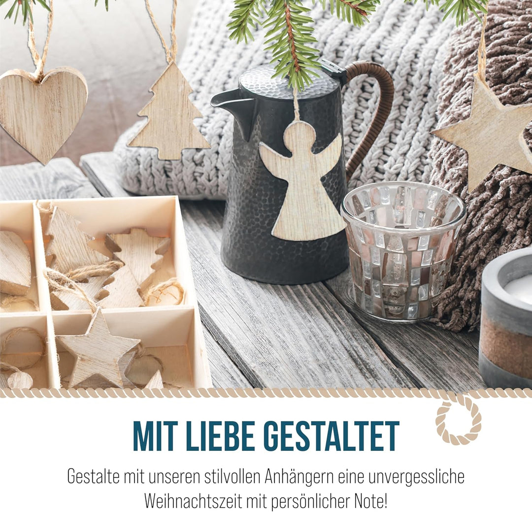 Holzanhänger Weihnachten, 24er Set: Weihnachtsanhänger Holz Stern, Tannenbaum, Engel &amp; Herz, Anhänge
