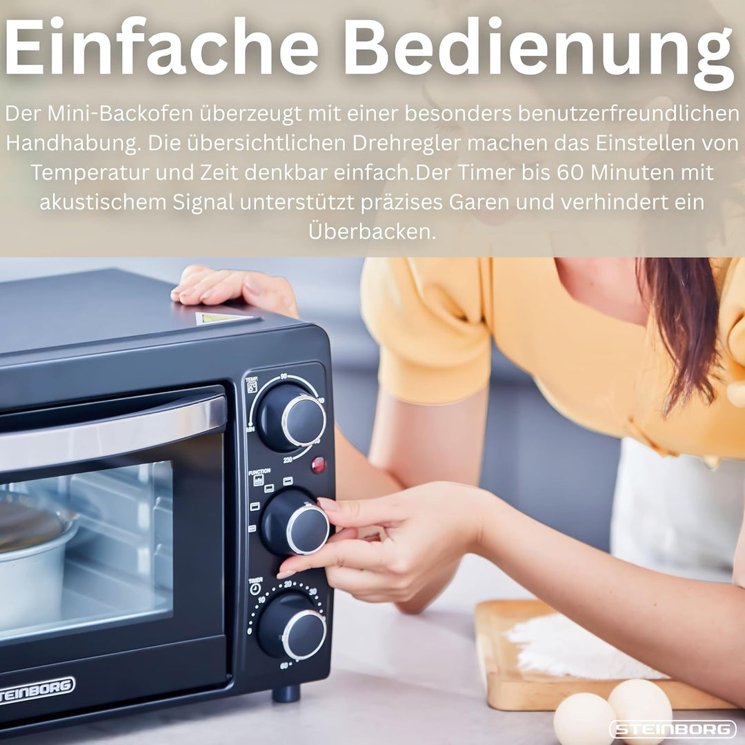Mini Backofen 15 Liter | Pizzaofen | Minibackofen | 60 min Timer | 100°-230°C | 1200 Watt | Backofen