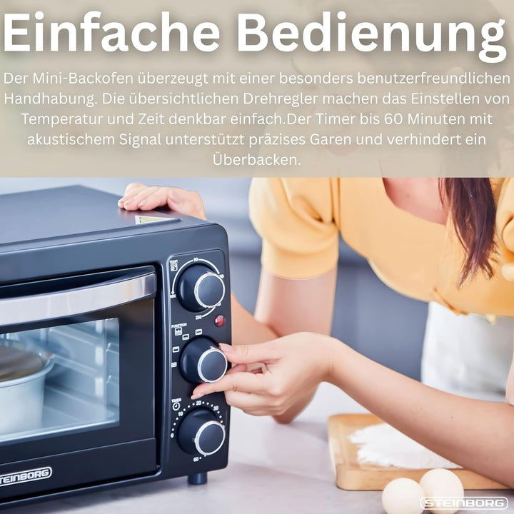 Mini Backofen 15 Liter | Pizzaofen | Minibackofen | 60 min Timer | 100°-230°C | 1200 Watt | Backofen