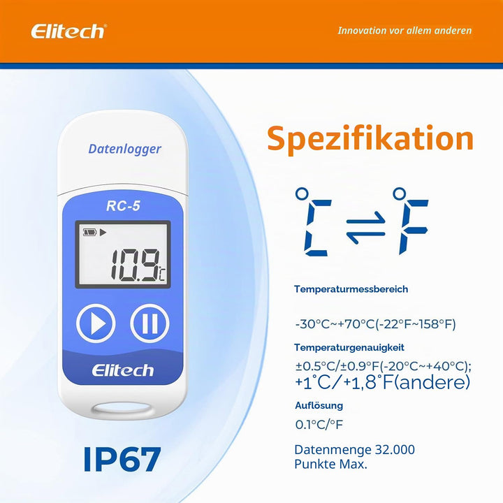 Elitech RC-5 Temperatur Datenlogger - Mini USB Temp Rekorder Interner Externer Sensor Hohe Genauigke