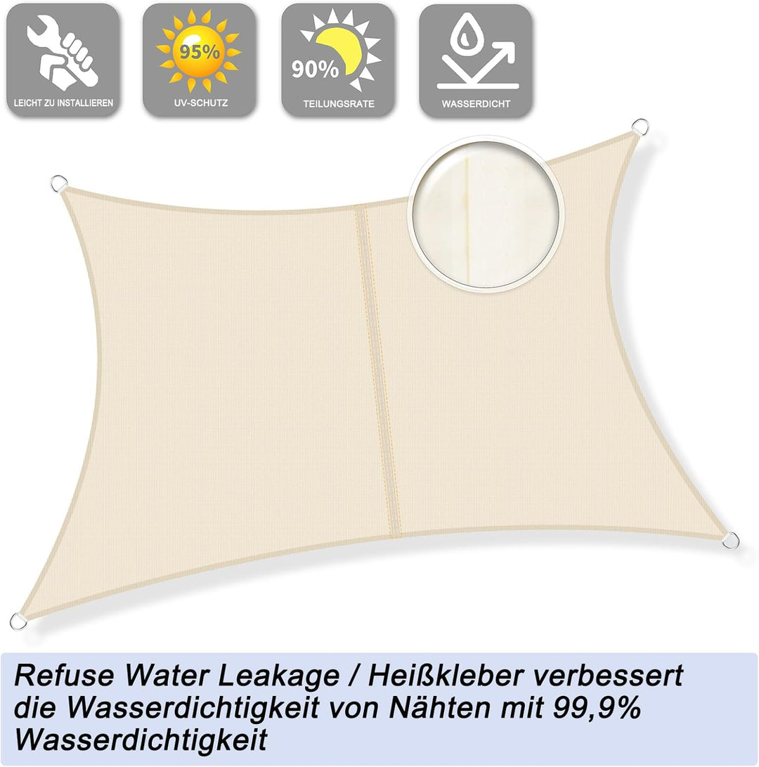 Sunnylaxx 4x4m Sonnensegel Quadrat, Wasserdicht Sonnenschutz Sunsegel Color Helles Khaki, 95% UV-Sch