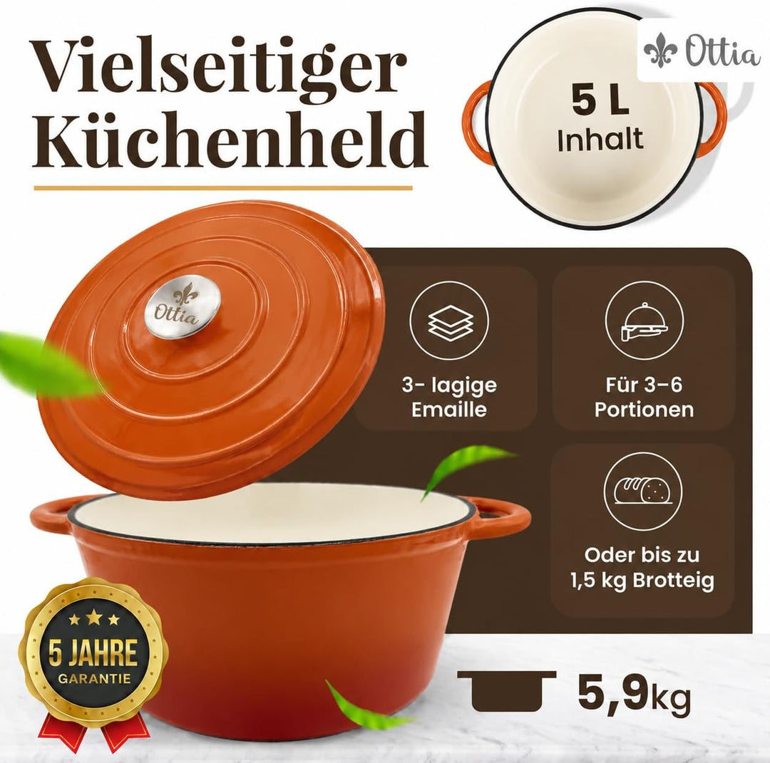 Ottia Gusseisen Topf [inkl. eBook] – Emaille Topf 26cm - Dutch Oven, Brotbackform, Brotbacktopf, Sch