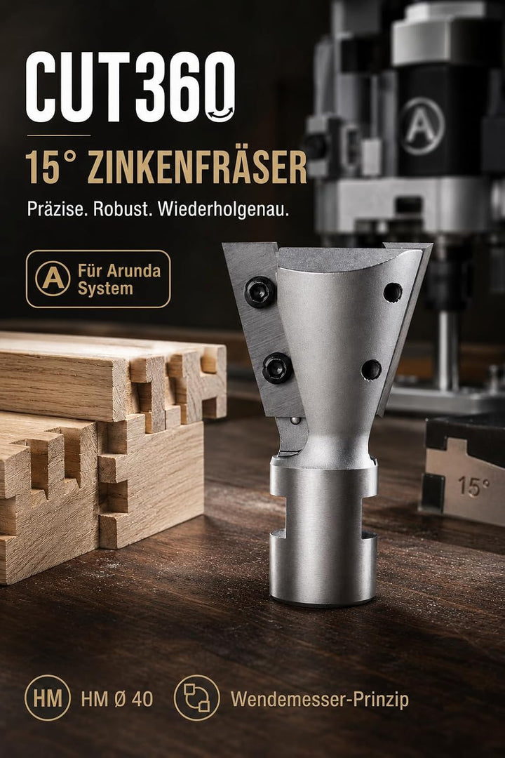Zinkenfräser 15° mit Wendemesser für Arunda System - 15° Schneide 2, Hartmetall Ø 40 - Rechts - 31,5