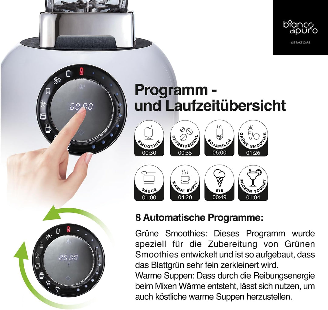 bianco di puro® Hochleistungsmixer Puro S Smoothie Maker 8 Mixprogramme 2 Liter Mixbehälter BPA-frei