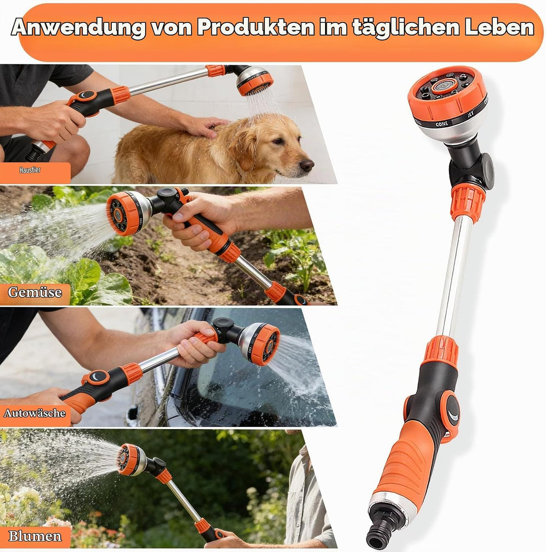 Idota Giessstab Lang 47CM Gartenbrause mit 180° Schwenkkopf 8 Sprühmustern für Garten, Beete (Orange