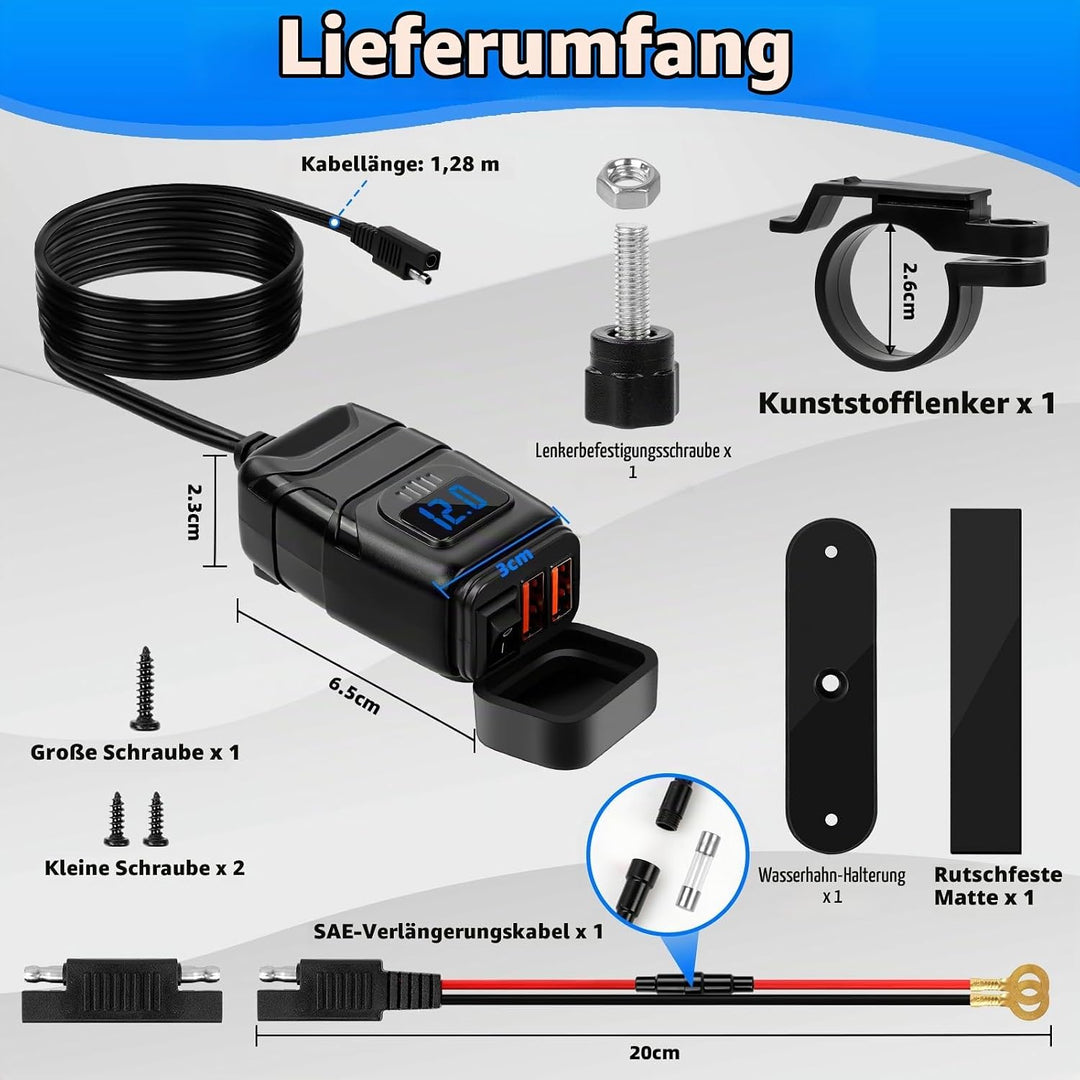 12V USB Steckdose Motorrad, Motorrad USB Ladegerät mit EIN-/Ausschalter und LED-Spannungsmesser, QC3
