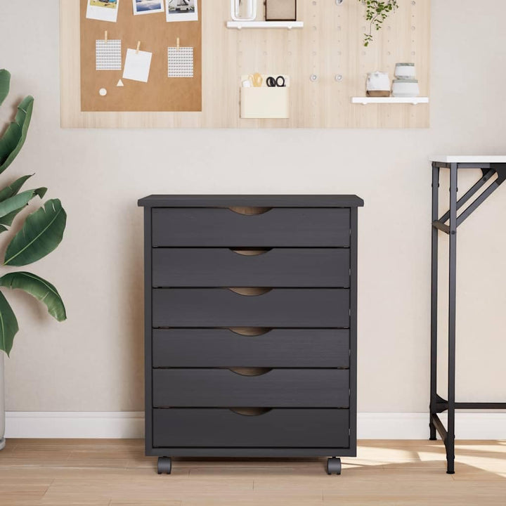 Rollschrank mit Schubladen Moss Grau Massivholz Kiefer Rollcontainer mit 6 Schubladen, Mobiler Akten
