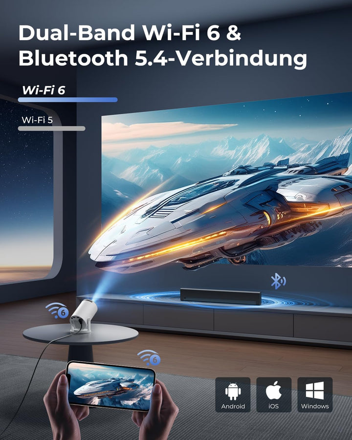 Mini Beamer 4K Unterstützt, 2026 Neuer Beamer Integrierte APP, 20000 Lumens mit Android 14, Automati