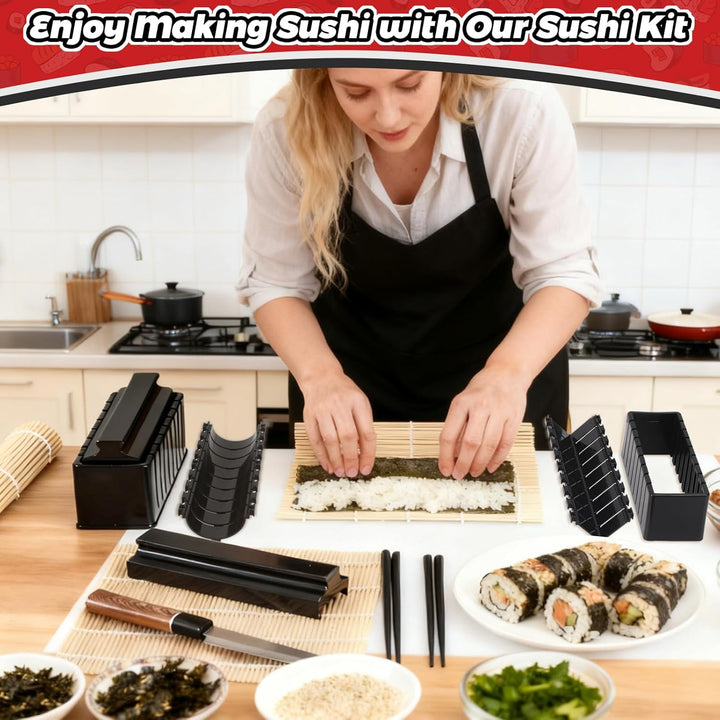 Sushi Maker Set, 14-tlg. Sushi-Kit für Anfänger mit Rolle, Schneideform, Messer, Matten und Stäbchen