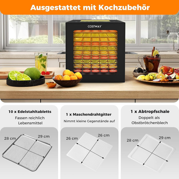 COSTWAY 850W Dörrautomat inkl. 10 Edelstahl-Schalen, Dörrgerät mit 10 voreingestellten Programmen, 4