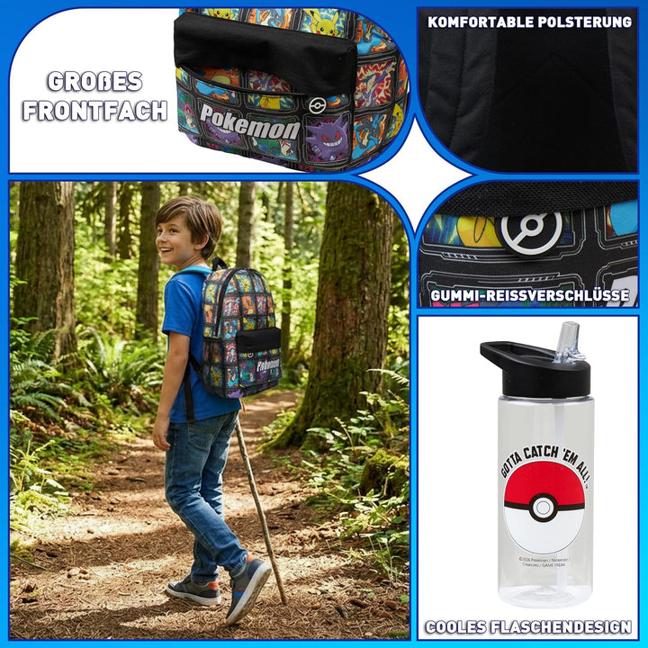 Get Trend Pokemon Rucksack Kinder Set, Kinderrucksack &amp; Trinkflasche, 500ml Schule Sport Freizeit, G