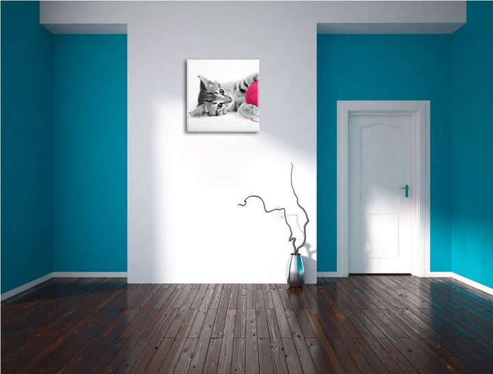 Pixxprint süsses Kätzchen mit Wollknäuel schwarz/weiss, Format: 70x70 auf Leinwand, 70x70