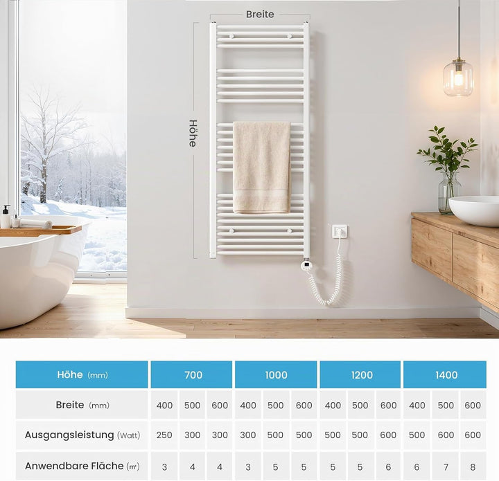 Heilmetz Badheizkörper Elektrisch mit Smart WiFi Heizstab 500W Leistung 1000 x 600 mm Weiss Gerade B