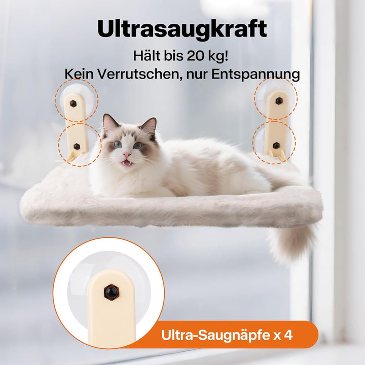 Pet Prime Katzen Fensterliege – 85mm Saugnäpfe &amp; 20kg Tragkraft, Edelstahl-Gestell, 2 Abnehmbare Bez