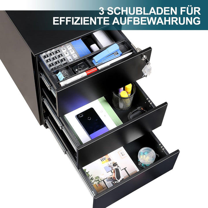 LVSTEEL Rollcontainer mit Schubladen, Mobiler Aktenschrank unter Schreibtisch, Abschliessbarer Büros