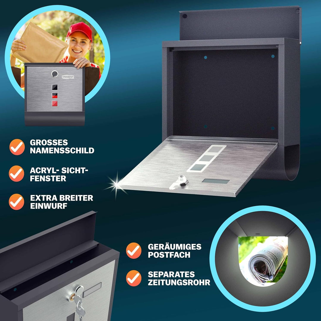 MONZANA® Design Briefkasten Edelstahl mit Zeitungsfach Sichtfenster Namensschild drehbare Abdeckung