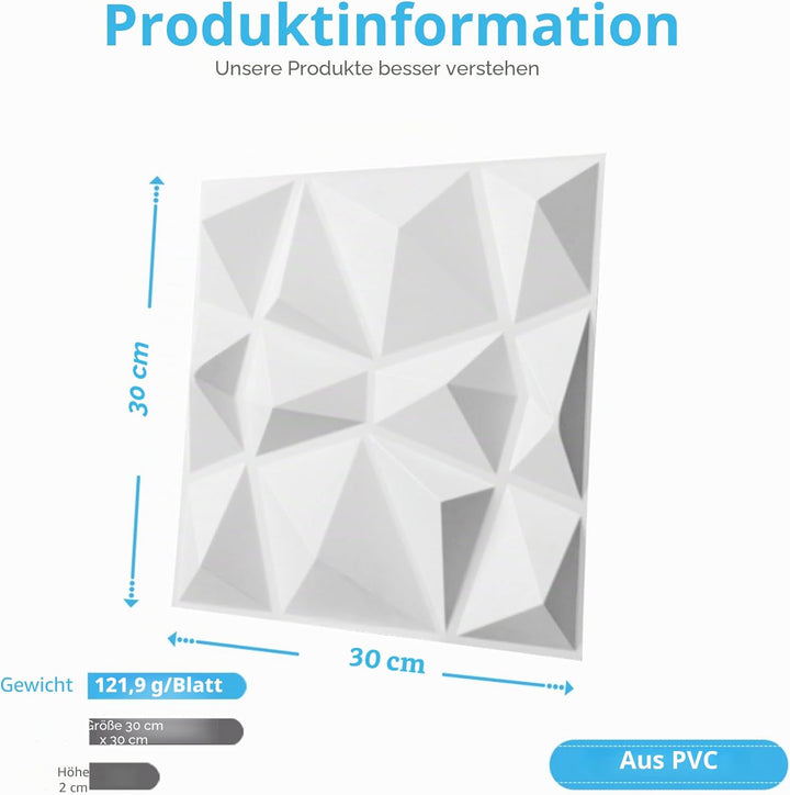 Art3d 33 Stück 3D Wandpaneele Diamant 30,5 x 30,5 cm matt schwarz, Hochsteifes PVC, Dauerhaft, Nicht
