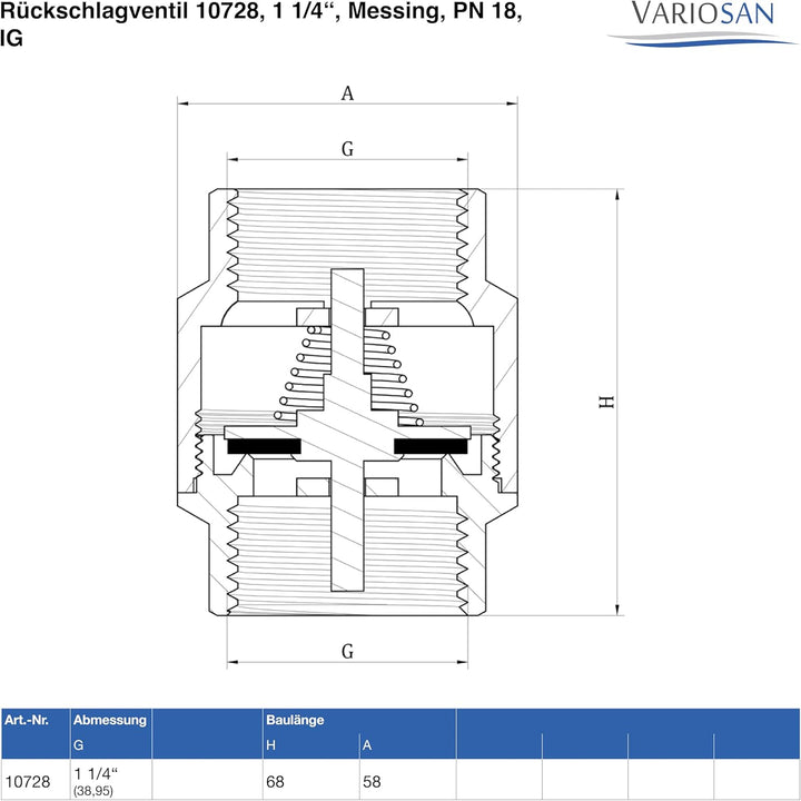 VARIOSAN Rückschlagventil 10728, 1 1/4", Messing, PN 18, IG