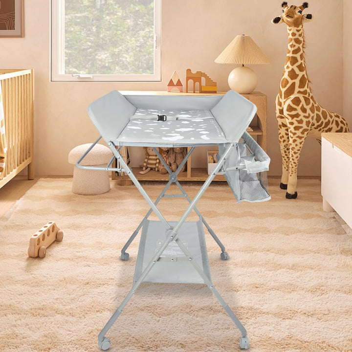 OHMG Baby Wickelkombi Klappbare Wickelkommode,Wickeltisch mit Rollen,Mobiler Wickeltisch mit Wickela