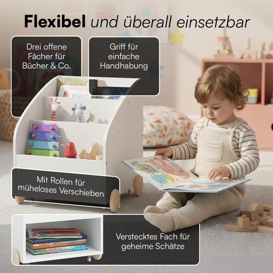 Bellabino Towy Kinderregal – Kinder Bücherregal mit 3 Fächern – Montessori Regal Weiss - Aufbewahrun