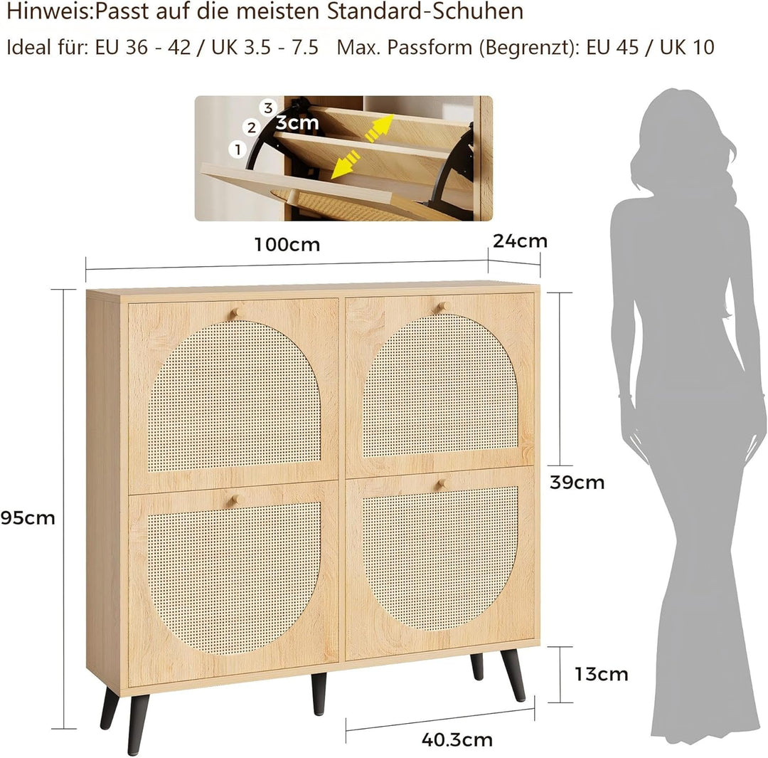 IRONCK Schuhschrank Rattan, schmal Schuhkipper mit 4 Klappen, freistehende Schuhregal, Schuhkommode
