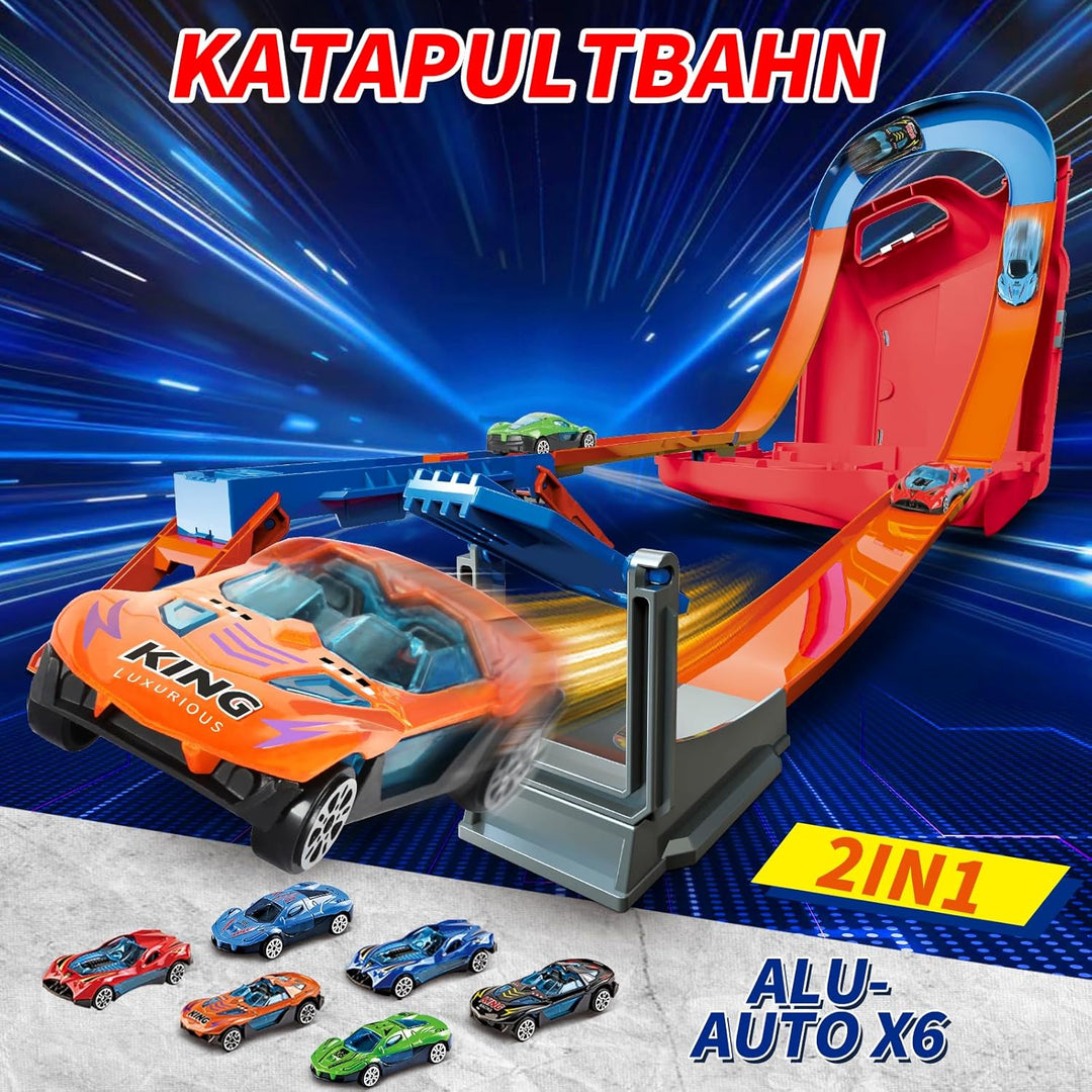 Charmofun Autorennbahn für Kinder, Rennstrecke Auto Spielzeug mit 6 Autos, Aufbewahrungsbox, Auto Re