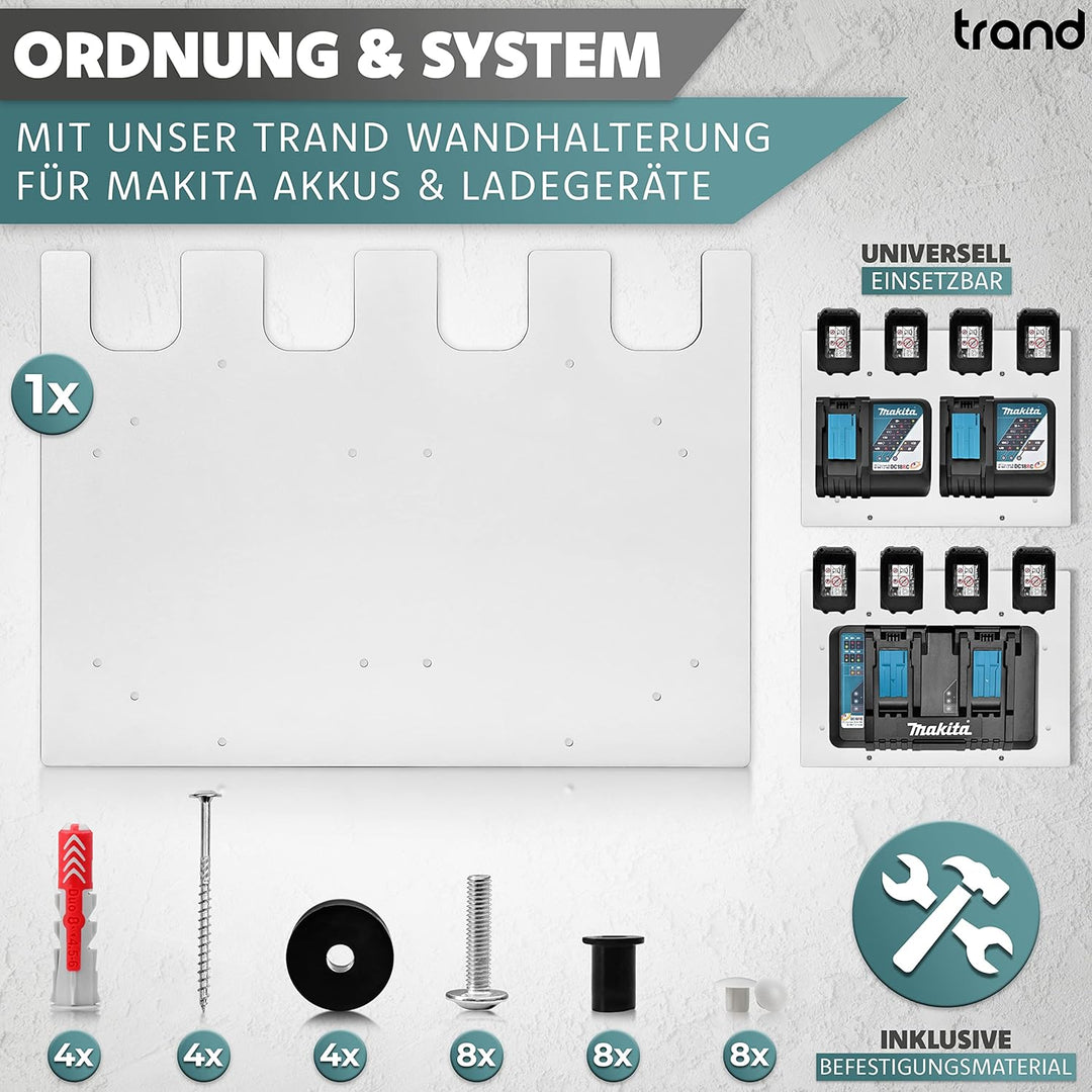 trand Wandhalterung für Makita Akkus und Ladegeräte | stabiler 4er Akkuhalter und Ladegeräthalter |