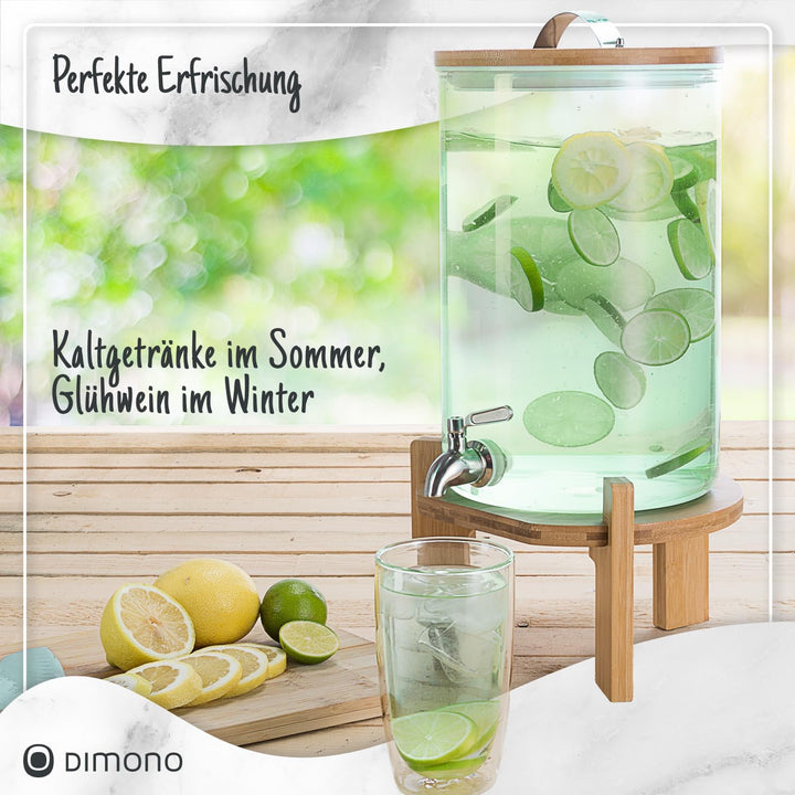 Premium Getränkespender mit Zapfhahn aus Edelstahl & Bambus-Ständer – 8L Wasserspender Glas für eisk