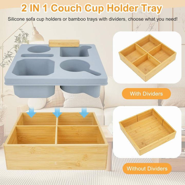 Bambus Snackbox Mit Fächern, Couchbar Snackteller Silikon, Bambusmaterial Couch Organizer, Sofatable