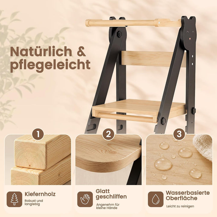 Lernturm Klappbar &amp; 3-Fach Höhenverstellbar - Kippsicherer Learning Tower aus Kiefernholz - Mitwachs