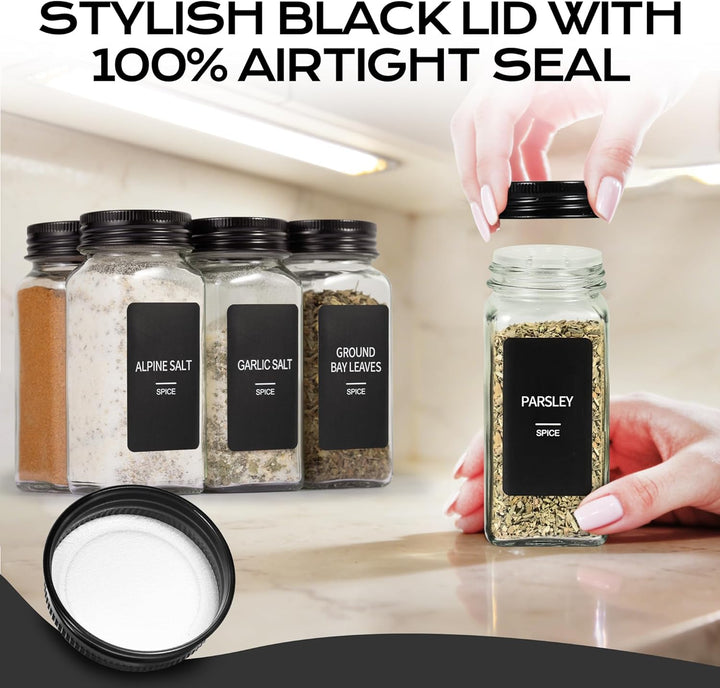 Gewürzgläser Eckig mit Aluminiumdeckeln(24 x 120ml) + 288 Etiketten | Gewürzdosen Set Glas mit Streu