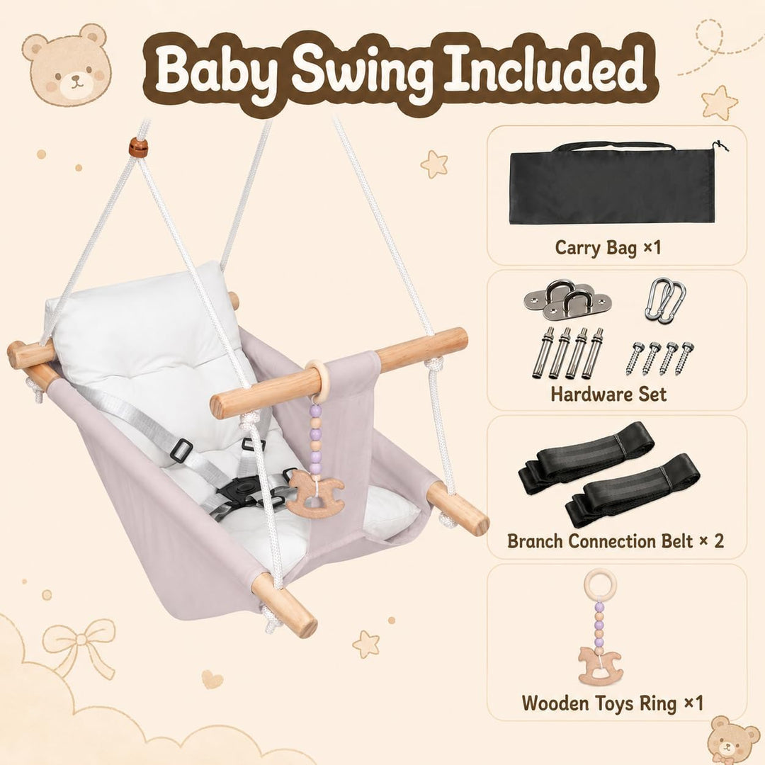 Babyschaukel Indoor 3 in 1,Hängeschaukelsitz aus Holz mit Sicherheitsgurt und Baumwollkissen, Einste