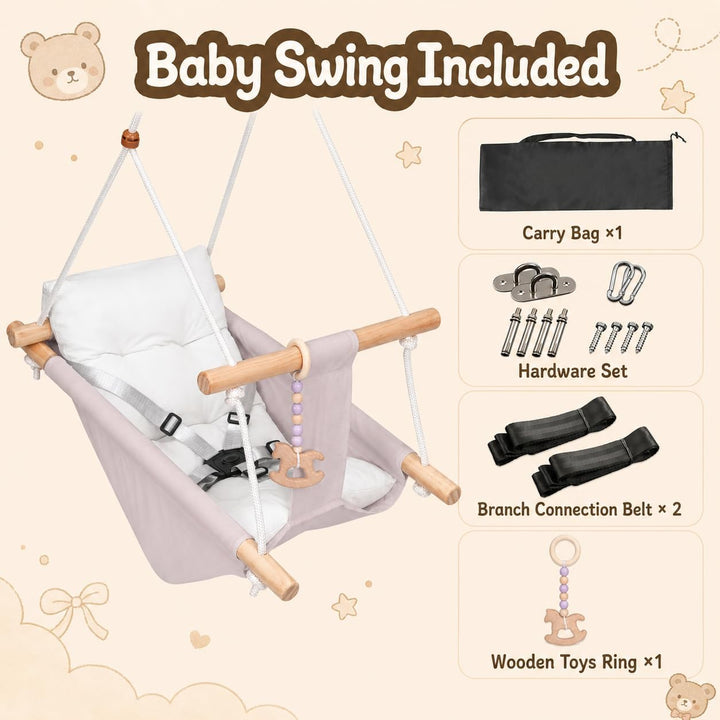 Babyschaukel Indoor 3 in 1,Hängeschaukelsitz aus Holz mit Sicherheitsgurt und Baumwollkissen, Einste