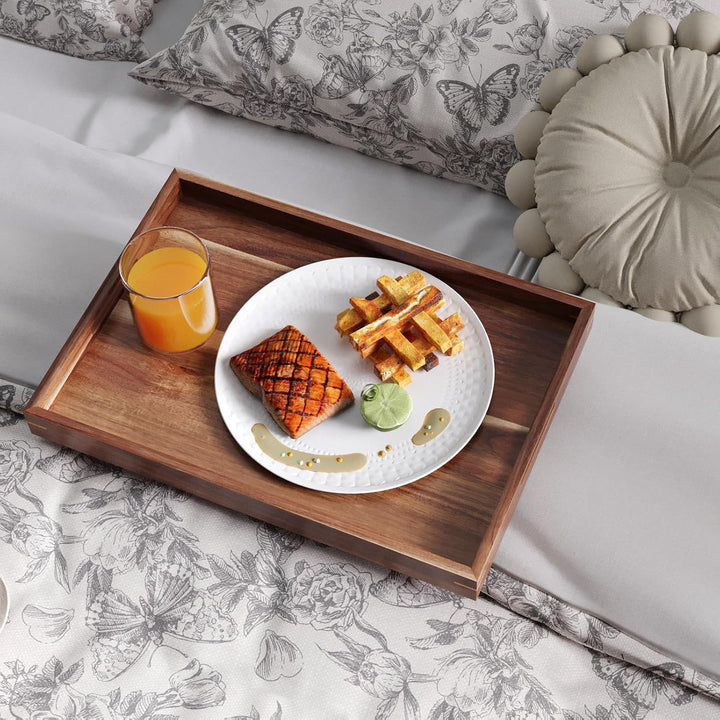 Fibogollo Serviertablett Akazienholz 2er M+L Griffe Frühstück Bett