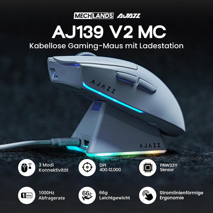 MechLands AJ139 V2 MC Gaming-Maus mit Ladestation, einstellbare 12000 DPI, PAW3311-Sensor, 3 Modi, k