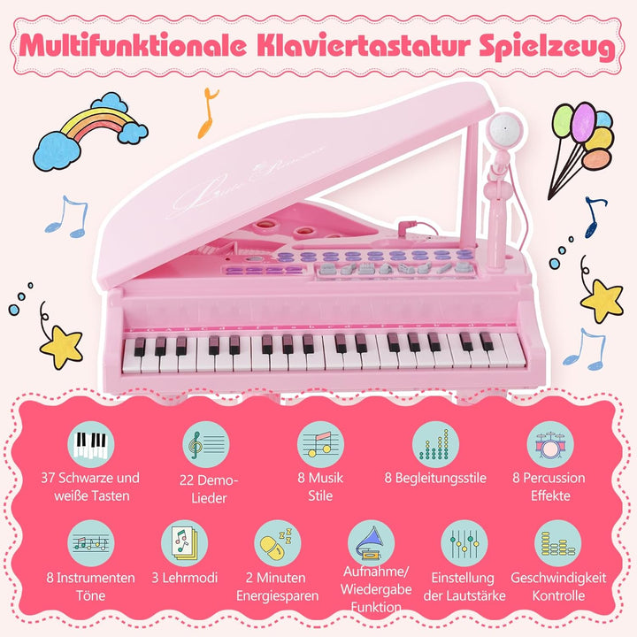 DREAMADE 37 Tasten Keyboard Kinder, Mini E-Piano mit Hocker &amp; Mikrofon &amp; 3 Lehrmodi &amp; 8 Rhythmen &amp; A
