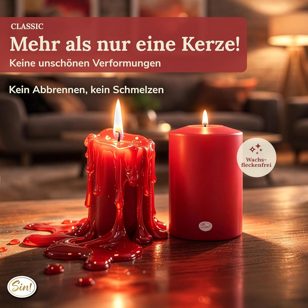 Sin!® 1x Teelichthalter & Dauerkerze Classic ROT ∅ 8cm Höhe 15cm Seidenglanz - Die Kerze die Nicht s