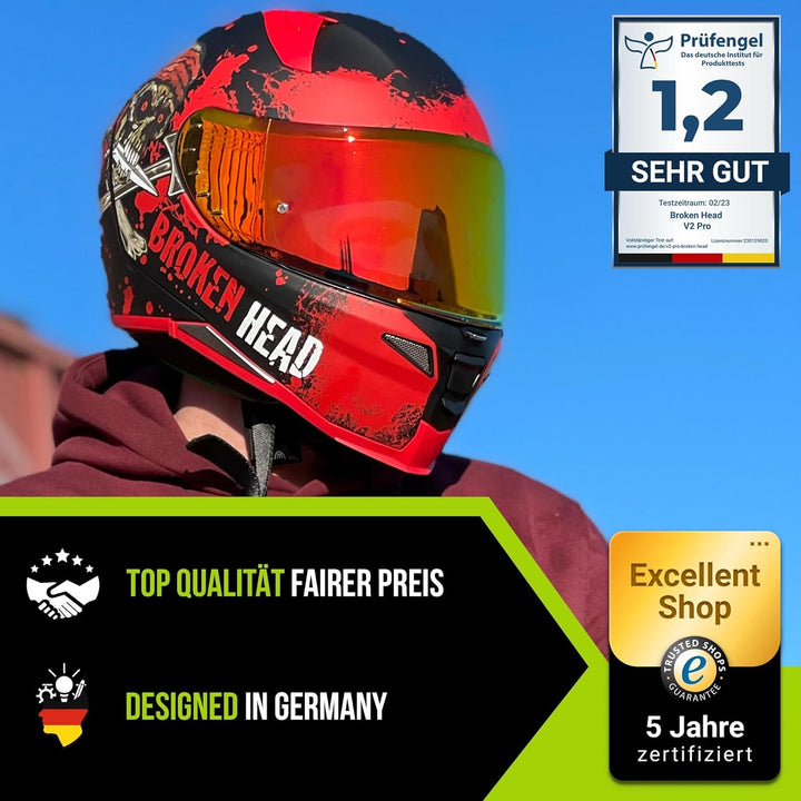 Broken Head Jack S. V2 Pro Rot - Integral-Helm Set Mit Zwei Visieren (Rot Verspiegelt + Klar) Sport