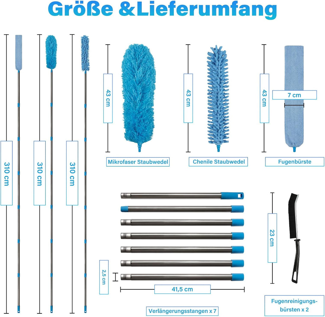marysgift Staubwedel Teleskop Set, Staubwedel Lang Ausziehbar 310 cm, Staubwedel Waschbar mit 7×43 c