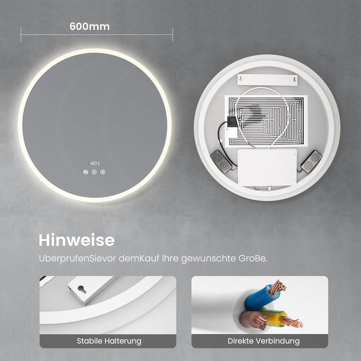 Heilmetz Bluetooth Badspiegel mit Beleuchtung Rund 60cm, LED Badezimmerspiegel mit Licht, Uhr, Antib